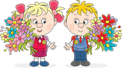 Happy little schoolboy and schoolgirl first graders with schoolbags and beautiful bouquets of colorful flowers at a holiday of school bell before start of classes in primary school, vector cartoon
