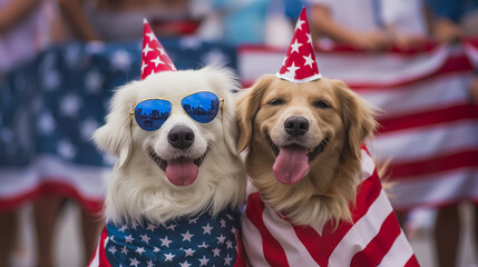 Cute doggies wear festive clothes in american flag colors. Independence Day or flag day