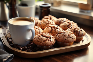 Tray of muffins sits on table next to cup of coffee. Muffins are topped with chocolate chips, and...