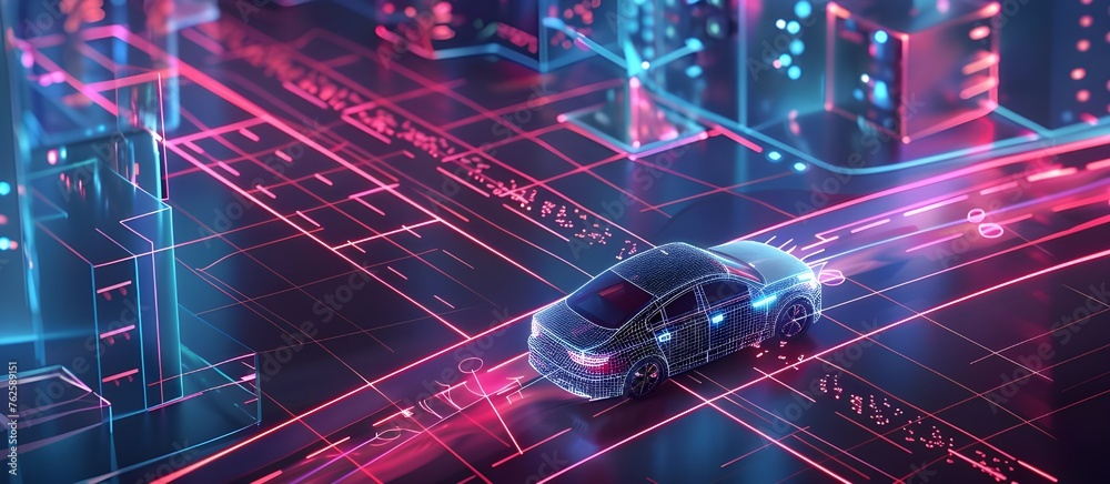 Poster a smart car in autonomous mode navigates city streets with a hud, incorporating graphic sensor radar