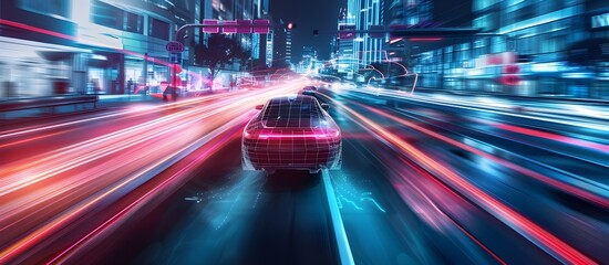 Modern smart car technology intelligent system using Heads up display (HUD) Autonomous self driving - obrazy, fototapety, plakaty
