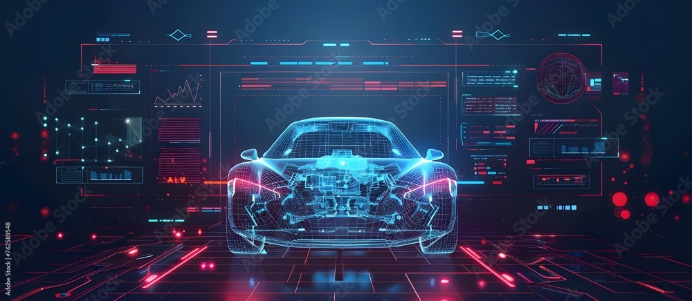 Poster Auto service in HUD style diagnostic auto with hologram car. Futuristic User Interface with auto in polygonal style, wireframe in line.