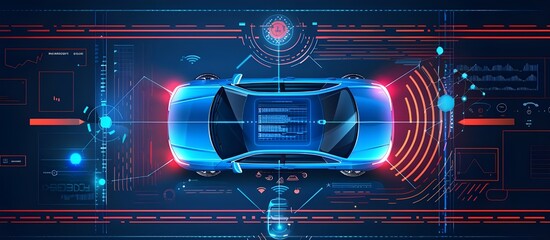Modern smart car technology intelligent system using Heads up display (HUD) Autonomous self driving mode vehicle on city road. - obrazy, fototapety, plakaty