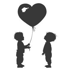 Silhouette Cute baby boys holding heart shape balloon black color only