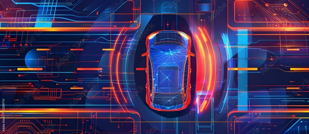 Poster Line image depicts a smart car in autonomous mode on city roads, featuring a HUD and integrating IoT technology