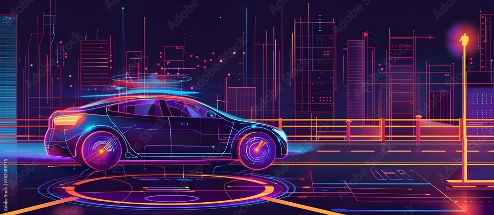 Poster a smart car in autonomous mode on city roads, featuring a HUD and integrating IoT technology with graphic sensor radar signals and internet connectivity,