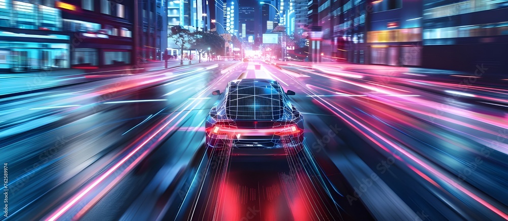 Aufkleber autonomous vehicle technology on the highway. with graphic sensor radar signal system.