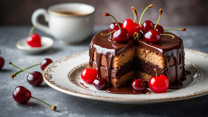 beautiful cake with chocolate and cherries