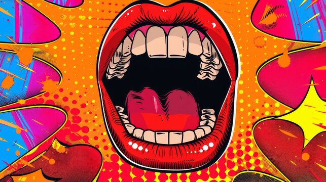Open mouth and WOW Message in pop art style, promotional background, presentation poster. Flat design, vector illustration. 