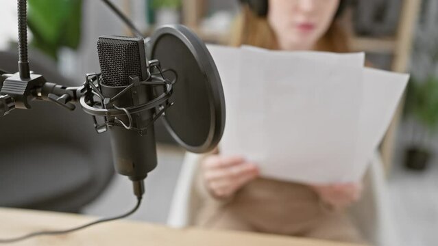 Caucasian woman reading script in radio studio with microphone and pop filter, portraying a professional recording session.
