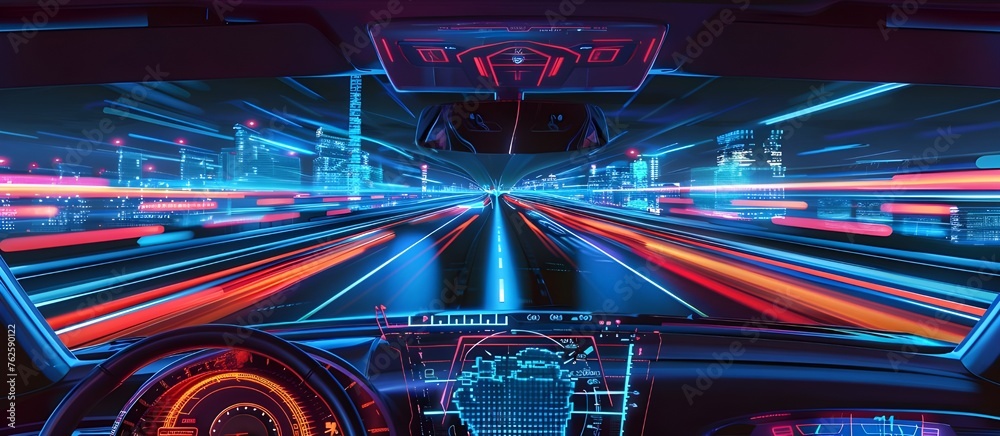 Poster Autonomous car with touch sensors in a futuristic style. A smart vehicle with motion sensors for safe driving.