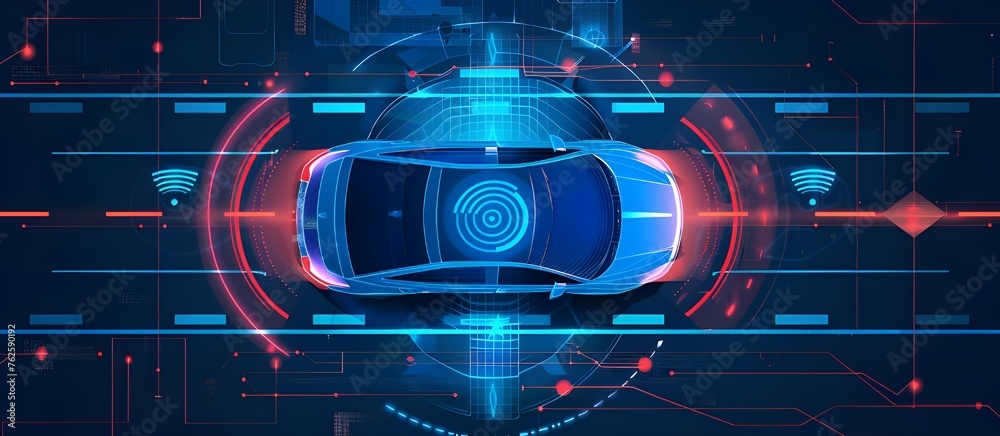 Poster Modern smart car technology intelligent system using Heads up display. system with graphic sensor radar signals and internet connectivity, top view.