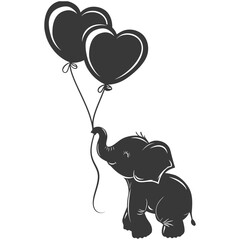 Silhouette Cute baby elephant holding heart shape balloon black color only