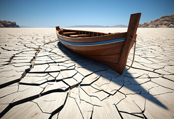 Wooden boat on dry cracked land. Generative AI