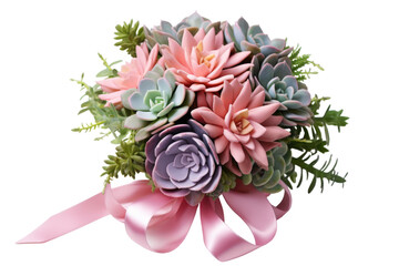 Graceful Succulent Bouquet with Ribbon Detail Isolated on Transparent Background PNG format