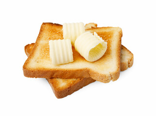 Tasty butter curls and toasts isolated on white
