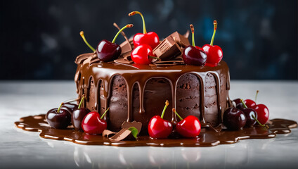 beautiful cake with chocolate and cherries celebrate