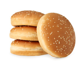 Many fresh hamburger buns isolated on white