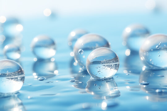 Group of clear water droplets on blue surface. Droplets are all different sizes and are scattered throughout image