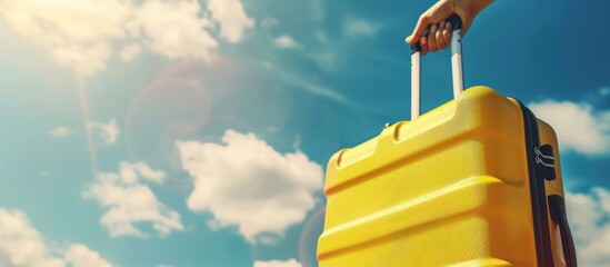 woman carrying a suitcase under the sunlight - obrazy, fototapety, plakaty