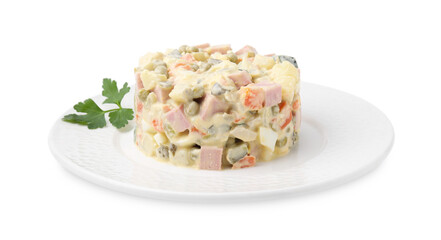 Naklejka premium Tasty Olivier salad with boiled sausage isolated on white