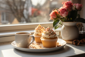 Plate of two cupcakes sits on table next to vase of roses. Cupcakes are frosted and decorated with sprinkles, and vase of roses is in background - obrazy, fototapety, plakaty