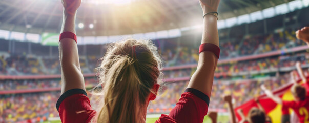 Fototapeta premium Belgian football soccer female fan in a stadium supporting the national team, Rode Duivels, Diables Rouges 