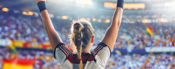 German football soccer female fan in a stadium supporting the national team, Die Mannschaft
 - obrazy, fototapety, plakaty