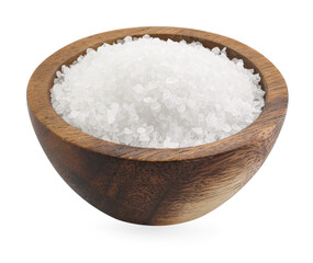 Fototapeta na wymiar Natural salt in wooden bowl isolated on white