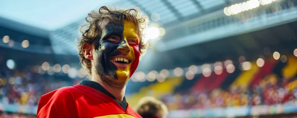 Fototapeten Happy Belgian male supporter with face painted in German flag german flag consists of A tricolour of black, yellow, and red, Belgian male fan at a sports event such as football or rugby match © Pixelmagic