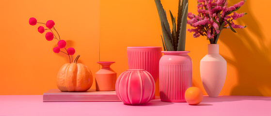 A colorful arrangement of vases and flowers on a table, bright colors of the vases