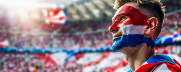 Happy Croatian male supporter with face painted in Croatian flag consists of A horizontal tricolour of red, white, and blue, Croatian male fan at a sports event such as football or rugby match - obrazy, fototapety, plakaty