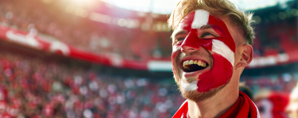 Happy Danish male supporter with face painted in Danish flag consists of A white Nordic cross with a red background, Danish male fan at a sports event such as football or rugby match - obrazy, fototapety, plakaty
