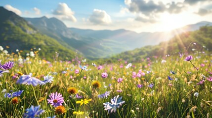 Field of wildflowers with bright sun shining on them. Sun is casting warm glow on flowers, making them look even more vibrant and alive. Scene is peaceful and serene