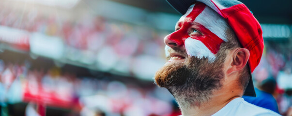 Happy English male supporter with face painted in English flag consists of a white field (background) with a red cross, English male fan at a sports event such as football or rugby match