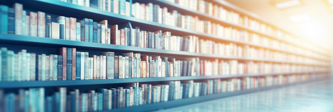 Public library banner blurred for background, business school and education concept, academic books, study hd
