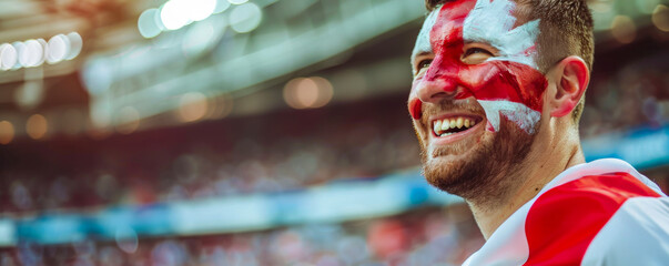 Happy English male supporter with face painted in English flag consists of a white field (background) with a red cross, English male fan at a sports event such as football or rugby match