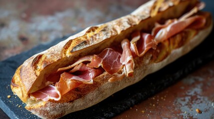 Long ham sandwich on black table. Sandwich is cut in half and has lot of ham on it
