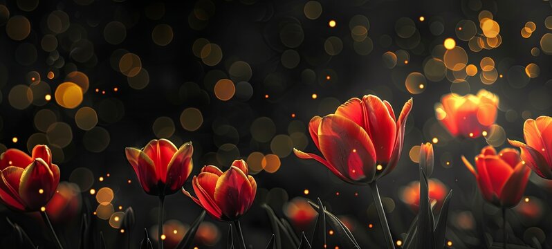 spring red tulips. with bokeh lights. light black and yellow. Black background. illustrations. generative ai