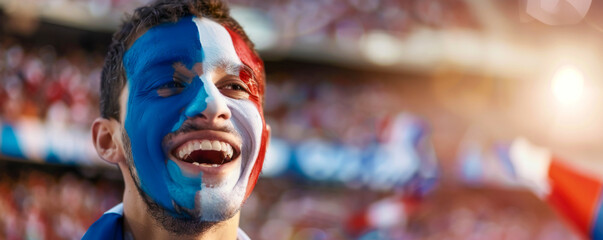 Happy French male supporter with face painted in French flag displaying the country's national colours: blue, white, and red, French male fan at a sports event such as football or rugby match - obrazy, fototapety, plakaty