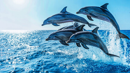 A pod of dolphins leaps joyfully from a clear blue ocean, creating a scene of pure fun and adventure. Ideal for travel posters, website headers, and designs promoting marine conservation.