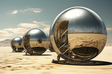 Surreal spheres in yard of futuristic building. Little silver domes surrounding progressive architecture. Generate ai