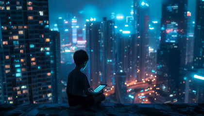 A young boy looking at his tablet while sitting in a dark room overlooking skyscrapers at night, his face illuminated by the screen, street night lights in the background
