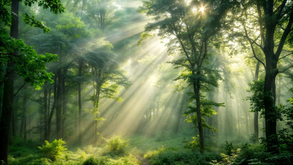Sunrays through summer mist in the forest. An image ideal for tranquil themes in wellness, meditation and nature designs.