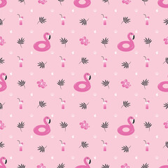 Summer pattern. Seamless template with pink flamingo, coctail, tropical flowers and leaves, shells. Vector illustration on pink background