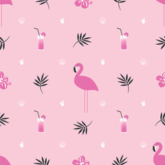 Summer pattern. Seamless template with pink flamingo, coctails, tropical flowers and leaves, shells. Vector illustration on pink background