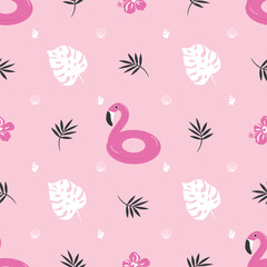 Summer pattern. Seamless template with pink flamingo, tropical flowers and leaves, shells. Vector illustration on pink background