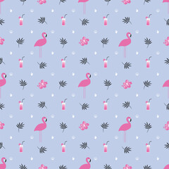 Summer pattern. Seamless template with pink flamingo, coctail, tropical flowers and leaves, shells. Vector illustration on blue background