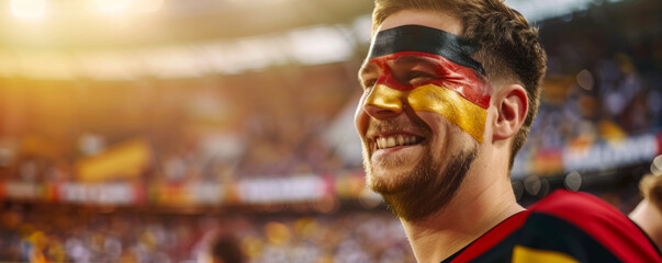 Happy German male supporter with face painted in German flag german flag consists of A horizontal tricolour of black, red, and gold, German male fan at a sports event such as football  - obrazy, fototapety, plakaty