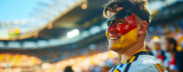 Happy German male supporter with face painted in German flag german flag consists of A horizontal tricolour of black, red, and gold, German male fan at a sports event such as football 